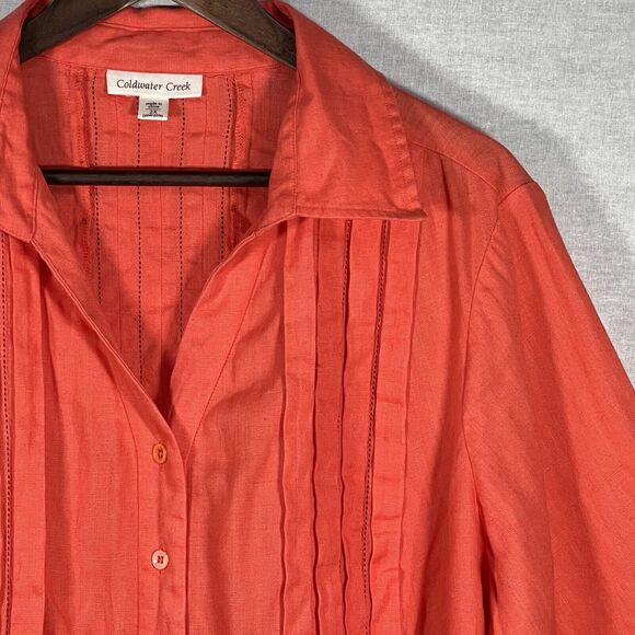 Coldwater Creek 100% Linen Collared Button-Front Pleated Top Size 2X Orange - Picture 4 of 15